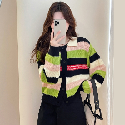 [清仓1折价52.9元,不叠加优惠券]唐狮翻领开衫女新款撞色毛衣慵懒高级感冬季针织衫qd