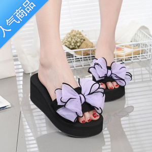 SUNTEK夏季韩版凉拖鞋女外穿高跟一字拖蝴蝶结防滑坡跟松糕厚底沙滩鞋女