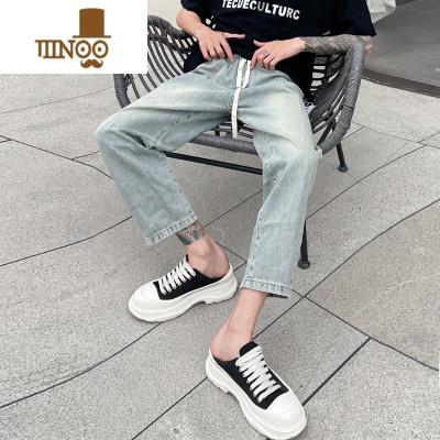 YANXU美式复古高街水洗做旧黄泥染蓝色直筒牛仔裤男士潮牌休闲百搭裤子