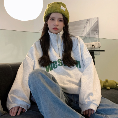 棉质拉链无帽翻领薄款卫衣女早秋新款宽松百搭长袖上衣服外套