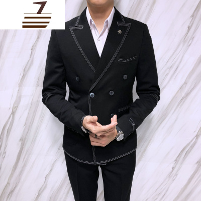 NEWLAKE2019四季男士时尚个性双排扣西服套装青年夜场走秀西装两件套帅潮