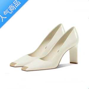 SUNTEK黑色方头高跟鞋女2023年春季新款漆皮百搭工作粗跟女鞋职业单鞋女