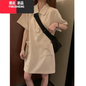 YIBUSHENGpolo领短袖连衣裙女小众别致ins季小个子宽松休闲中长款t恤裙子