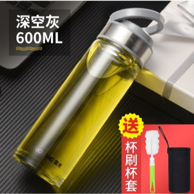 富光（FGA）玻璃杯便携单层泡茶杯男过滤随手水杯子大容量加厚单层600ml灰色+杯套杯刷