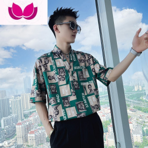 七斓夏季短袖花衬衣男发型师潮牌ins痞帅高级感七分袖衬衫冰丝网红T恤