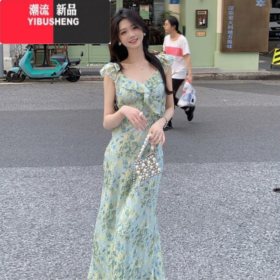 YIBUSHENG茶歇法式碎花吊带连衣裙子女季2024新款海边度假高级感沙滩长裙