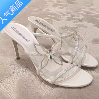 SUNTEK欧美2023夏新款细跟蝴蝶水钻一字带凉鞋女仙女风露趾性感高跟拖鞋