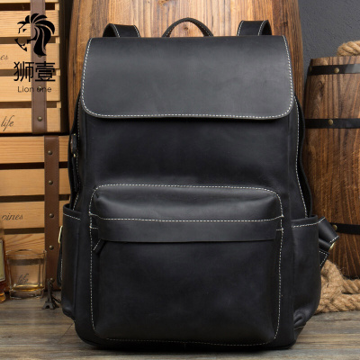 狮壹（Lionone）品牌2019夏季潮流上新复古疯马皮双肩包背包英伦风电脑包牛皮旅行包手工背包潮