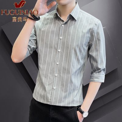 富贵鸟(FUGUINIAO)条纹衬衫男短袖夏季外套韩版潮流帅气休闲宽松dk制服七分袖衬衣潮