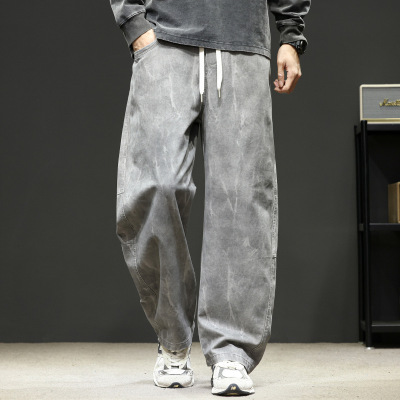 秋冬新款男士筒裤斜纹垂感休闲男士裤拖地加绒男潮流直筒宽松