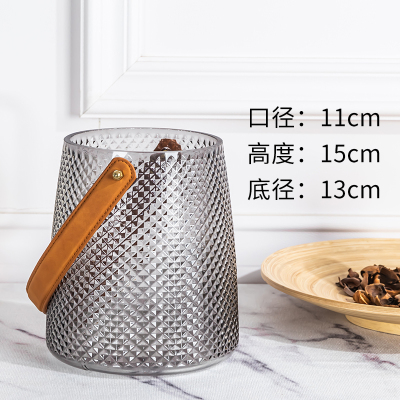 北欧ins花瓶摆件提手玻璃客厅透明插花现代简约彩色干花轻奢餐桌手提皮革花瓶-烟灰小号