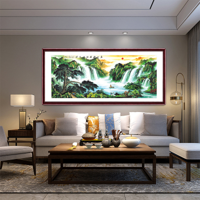 祺匠屋国画山水画客厅装饰字画办公室挂画老板桌沙发背景墙装饰画鸿运当头中式书房靠山带框壁画流水生财B238*88cm