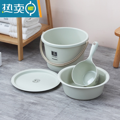 敬平桶盆4件套装家用水桶宿舍脸盆洗衣桶学生储水带盖圆桶加厚塑料桶 绿色-中号四件套[桶+盆+盖+杓]