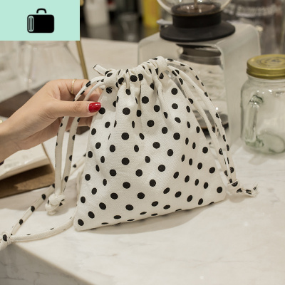 少女心帆布斜挎包波点包女学生韩版可爱小包抽绳束口袋迷你手机包NEW LAKE 米白色圆点包女斜挎包