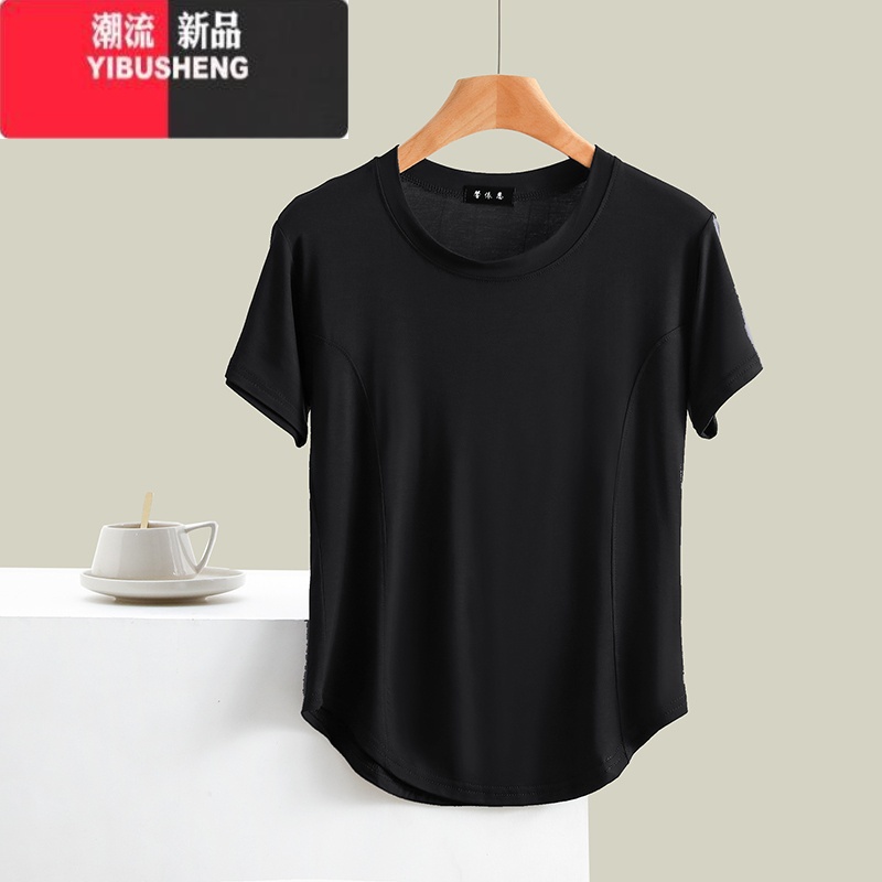 YIBUSHENG莫代尔圆领短袖t恤修身上衣拼接简约时尚季新款洋气女士可外穿