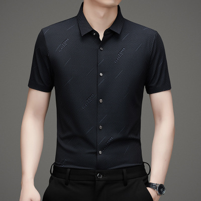2025夏季新款男士短袖衬衫薄款衬衣斜条休闲中青年男装