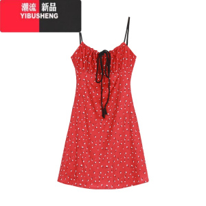 YIBUSHENG红色海边度假风碎花吊带裙连衣裙女季辣妹收腰显瘦绑带短裙子潮
