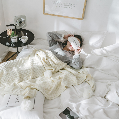 ins网红仙美北欧全棉针织球毯空调毯拍照装饰毯盖毯单人休闲毯子