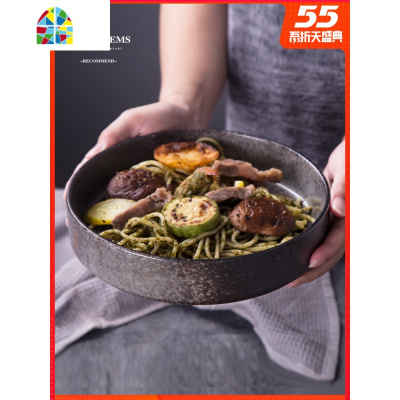 封后创意餐具陶瓷圆碗汤碗菜碗饭碗大碗深盘西餐碗盘汤盘沙拉碗盘家用 FENGHO 古朴系列-11英寸直身浅圆盘/长26.3