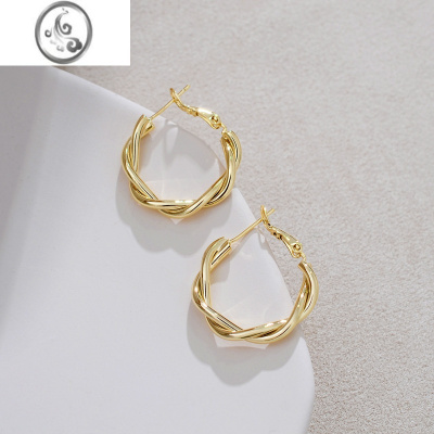 JiMi麻花编织港风设计感耳环金色圆圈女复古耳圈大气高级感耳饰2023年