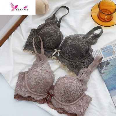 内衣女小胸聚拢调整型防外扩上托加厚无钢圈文胸蕾丝收副乳文胸套装FISHBASKET