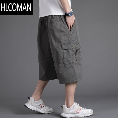 HLCOMAN加肥加大码休闲短裤男士宽松纯色中年多口袋工装七分裤肥佬裤