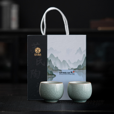 苏氏陶瓷(SUSHI CERAMICS)汝窑冰花釉禅悟杯开片养金线个人杯主人杯功夫茶杯2个礼盒装