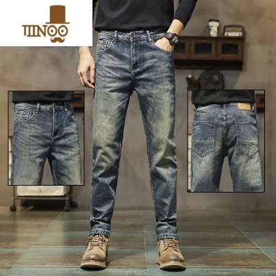 YANXU秋季复古美式黄泥染牛仔裤男合体直筒潮流做旧宽松休闲长裤子