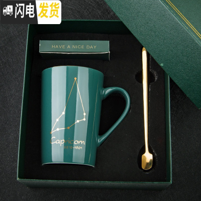 三维工匠创意星座陶瓷水杯个性带盖勺男女学生杯子家用咖啡杯情侣杯马克杯 摩羯座-礼盒包装咖啡器具