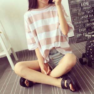 夏季新款韩版学生条纹短袖T恤女士宽松衣服上衣女装