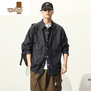 YANXU丹宁斜提花蓝色复古潮牌牛仔衬衫外套男秋季美式休闲宽松工装夹克