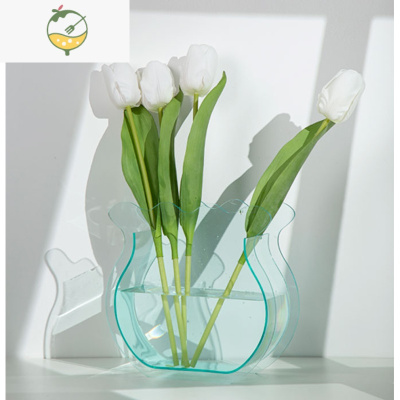 风亚克力花瓶艺术花器水培插花餐桌样板间创意摆件装饰 鱼尾花瓶青色