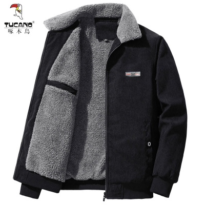 啄木鸟2025秋冬外套男翻领宽松商务棉服男潮中年复古加绒上衣外套