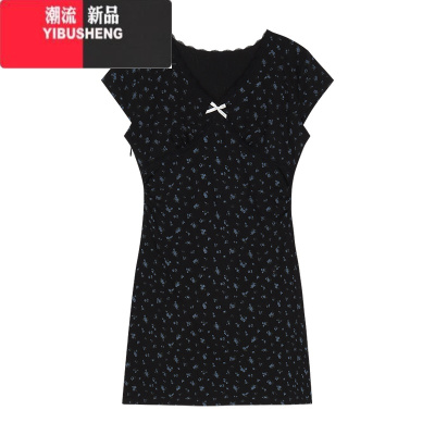 YIBUSHENG蝴蝶结碎花v领短袖连衣裙女季掐腰甜辣妹包臀裙修身显瘦短裙子