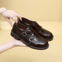 羊皮百搭复古花双扣粗跟2026春秋新款圆头英伦风小皮鞋休闲单鞋