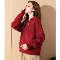 [1.5折价71元]唐狮新款红色翻领毛衣女新中式冬季穿搭绞花盘扣国风毛线衫