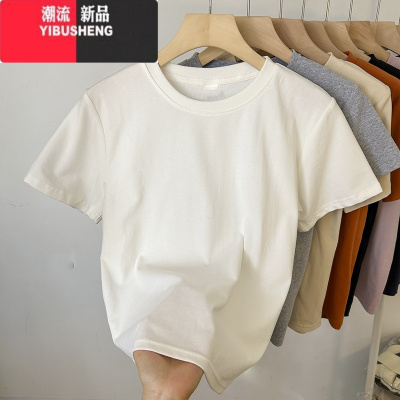 YIBUSHENG紫色t恤女短袖修身显瘦2024新款季正肩上衣美式复古体恤潮