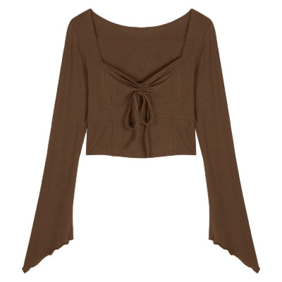 纯欲风V领褶皱短款长袖T恤女内搭洋气小衫修身显瘦喇叭袖纯色上衣