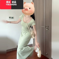 YIBUSHENG小个子法式高级感绿色方领连衣裙子女2024新款气质收腰梨形长裙