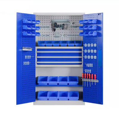 迅迈 带挂板三抽蓝色加厚版 重型多功能工具柜车间双开门钢制柜工具五金收纳整理储物柜
