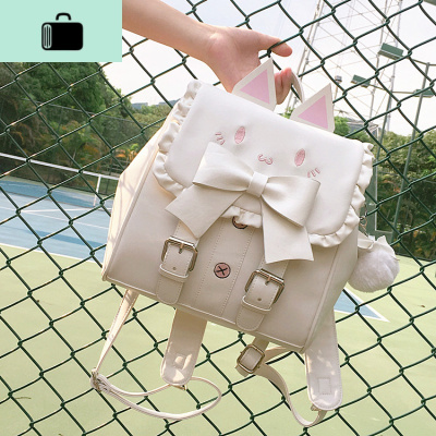 软妹少女心刺绣猫咪背包 蝴蝶结双肩包背包可爱萌女学生书包NEW LAKE 蝴蝶结猫咪背包白色秒发