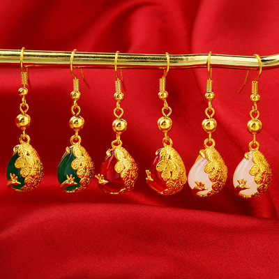 越南沙金耳环女仿真饰品镶玛瑙孔雀时尚百搭款久不褪色耳环耳饰送女朋友老婆情人节七夕生日礼物