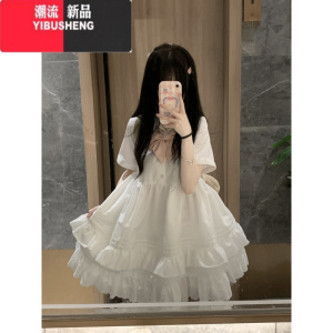 YIBUSHENG白色短袖衬衫小个子连衣裙2024季新款甜美蝴蝶结拼接花边蓬蓬裙