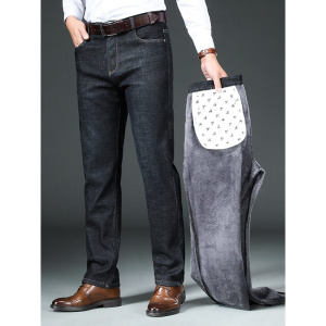 海岛绒高腰牛仔裤男弹力耐磨抗皱休闲裤男士冬季舒适加绒男士裤子