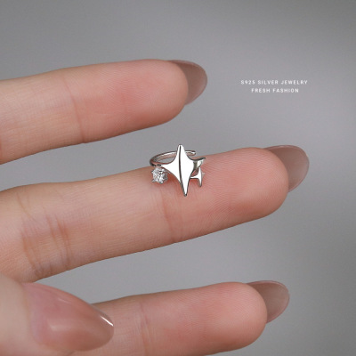 s925纯银轻奢四芒星耳夹女个性几何星芒闪钻星星免打孔无耳洞耳饰送女朋友老婆情人节七夕生日礼物
