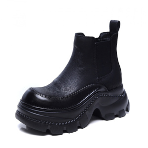 头层牛皮年冬季新款厚底内增高切尔西短靴子女松糕矮筒短靴