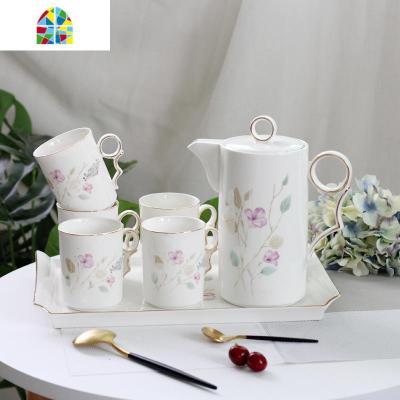 家用陶瓷凉开水壶耐热防爆冷水壶客厅水杯套装带托盘送人礼品 FENGHOU C款双耳带脚托盘+一壶六杯凉水壶