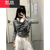 YIBUSHENG美式复古蝴蝶字母印花长袖T恤女季辣妹潮牌设计感做旧短款上衣