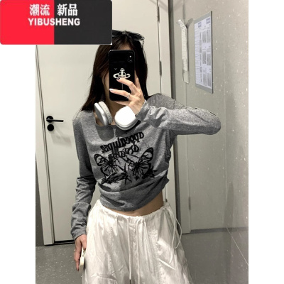 YIBUSHENG美式复古蝴蝶字母印花长袖T恤女季辣妹潮牌设计感做旧短款上衣