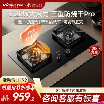 万和(Vanward)[小灶君B10 Pro·防干烧]天然气燃气灶5.2kW烟灶联动国家补贴20%嵌入式家用煤气双炉具